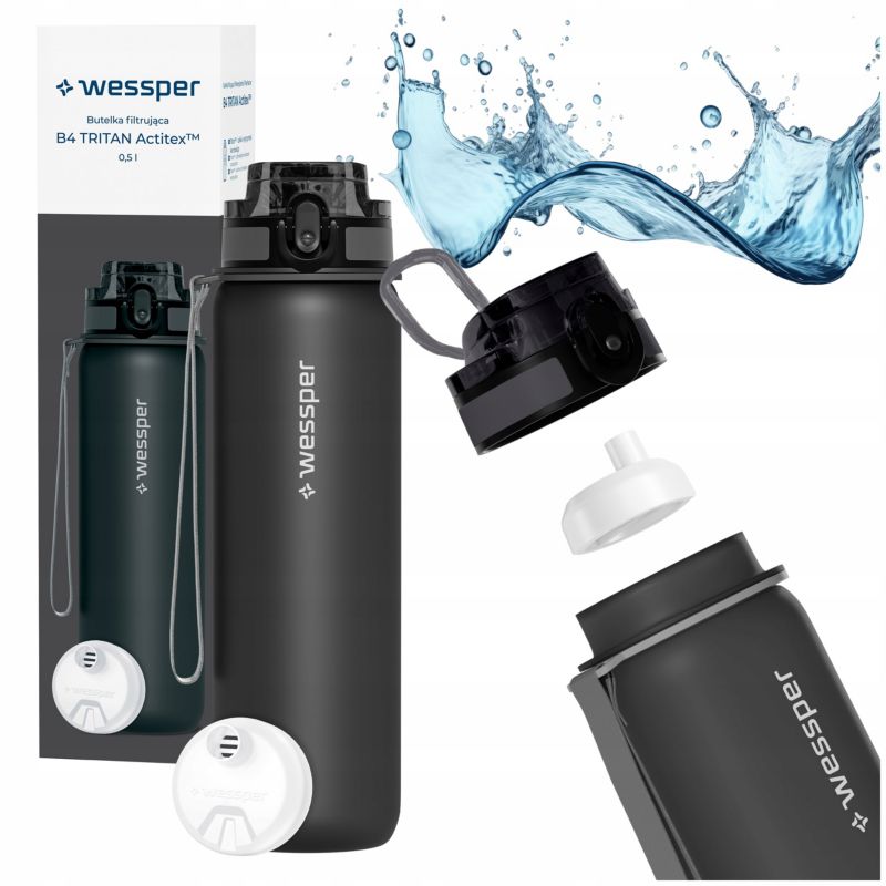Butelka na wodę, Wessper, filtrująca, tritanowa, bidon, z filtrem wody, bez BPA, 500ml, B4 TRITAN Actitex, szara, 2szt