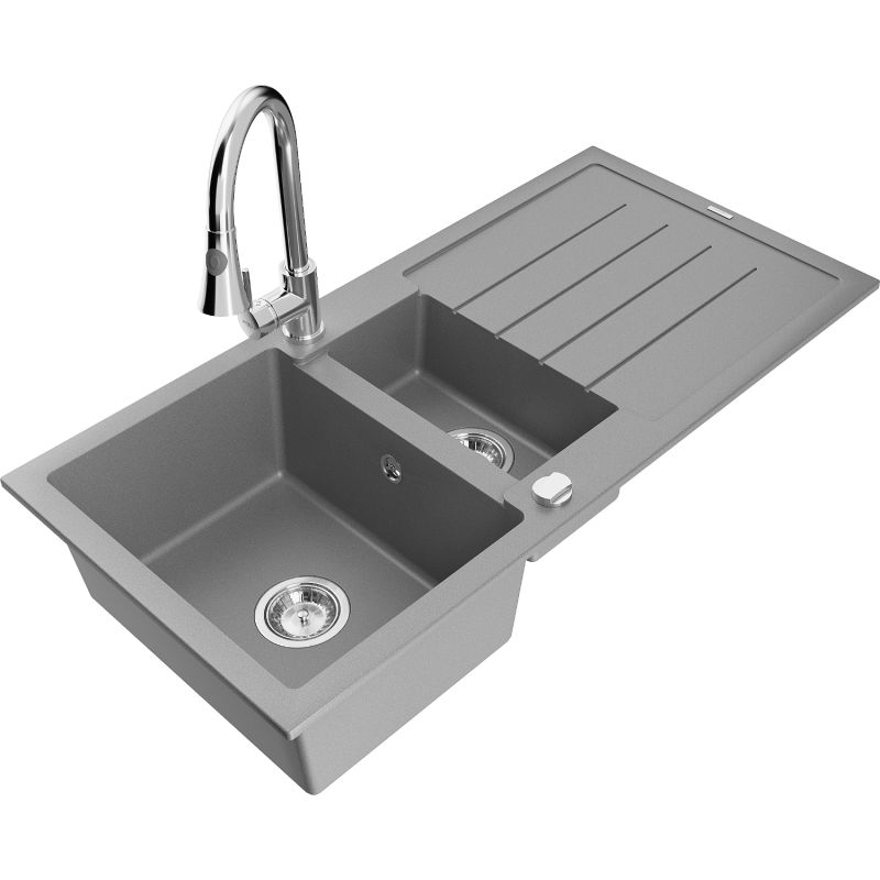 Zlewozmywak granitowy 1.5-komorowy Mexen Andres z ociekaczem i baterią kuchenną Elia szary 6515-71-670101-00