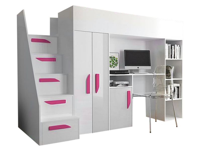 Łóżko piętrowe ze schodami MIRJAN 24 Party 14 biały połysk+uchwyty różowe 1 kpl.