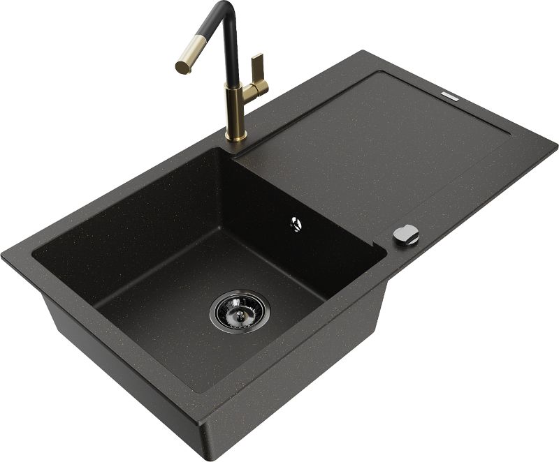 Zlewozmywak granitowy Mexen Leo 1-komorowy z ociekaczem i baterią kuchenną Flora czarny/złoty 6501-75-670401-57-B