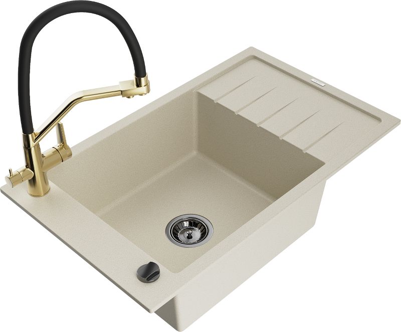 Zlewozmywak granitowy Mexen Elias 1-komorowy z ociekaczem i baterią kuchenną Duo beżowy - 6511-69-671701-57-G 1 szt.