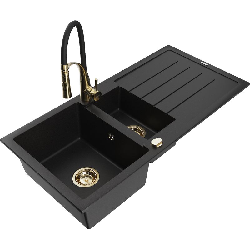 Zlewozmywak granitowy 1.5-komorowy Mexen Andres z ociekaczem i baterią kuchenną Aster czarny - 6515-77-73450-07 1 szt.