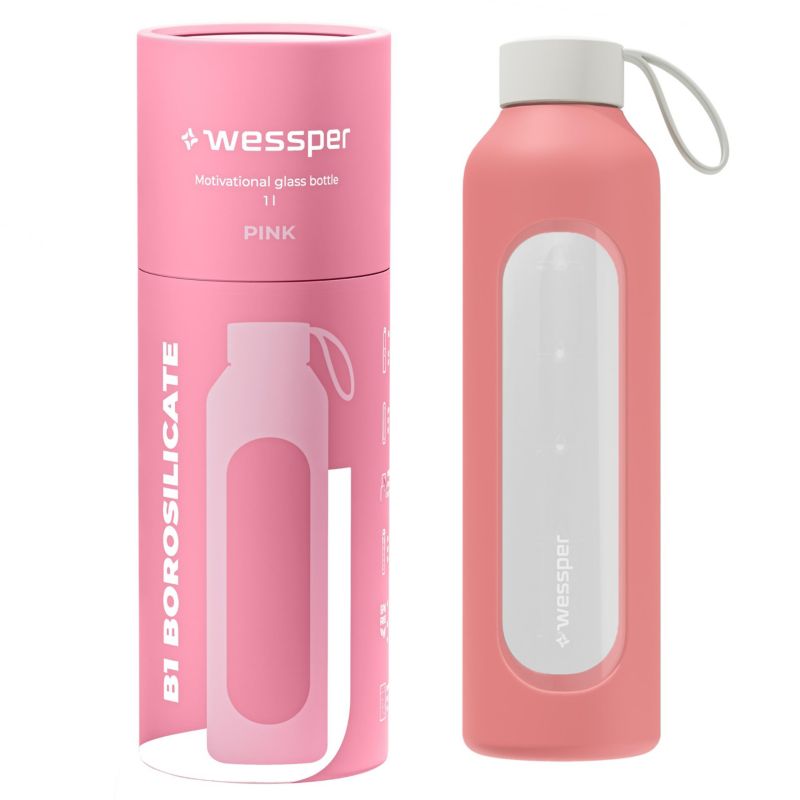 Butelka na wodę, Wessper B1, motywacyjna, z miarką, z etui silikonowym, szkło borokrzemowe, bidon, 1000ml, różowy, 1szt