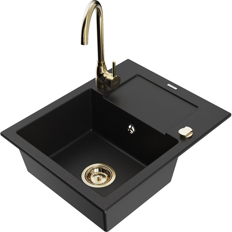 Zlewozmywak granitowy 1-komorowy Mexen Enzo z ociekaczem i baterią kuchenną Telma czarny - 6506-77-670200-70-B 1 szt.