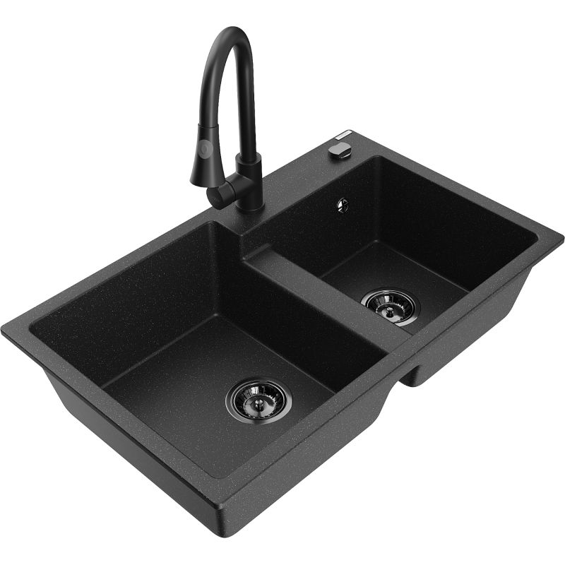 Zlewozmywak granitowy 2-komorowy Mexen Tomas z baterią kuchenną Elia czarny/złoty metalik - 6516-75-670101-70-B 1 szt.