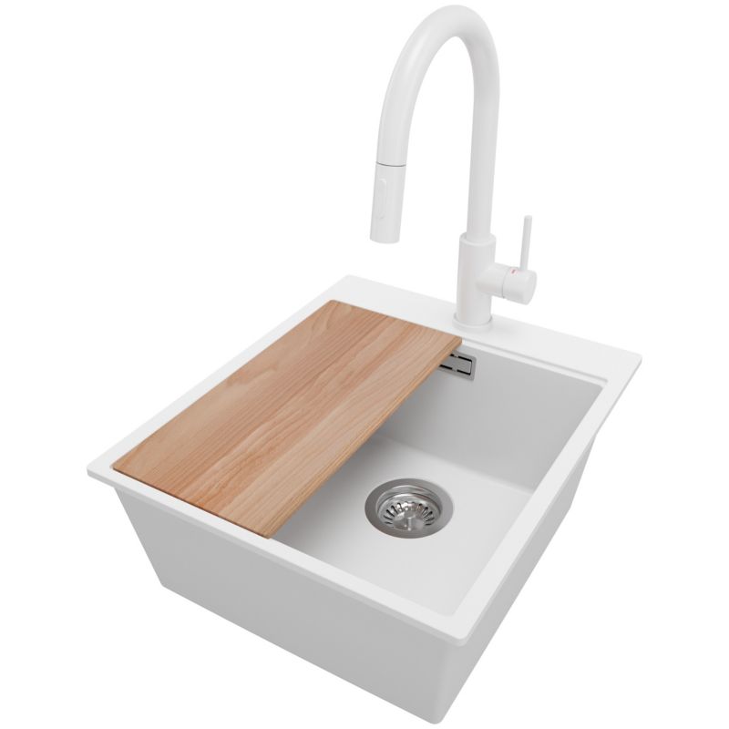 Zlewozmywak Granitowy Oslo PRIMAGRAN Nablatowy 43x50cm do szafki od 45cm, Biały + Bateria 40x20cm + Syfon + Deska, S203, 1 szt.