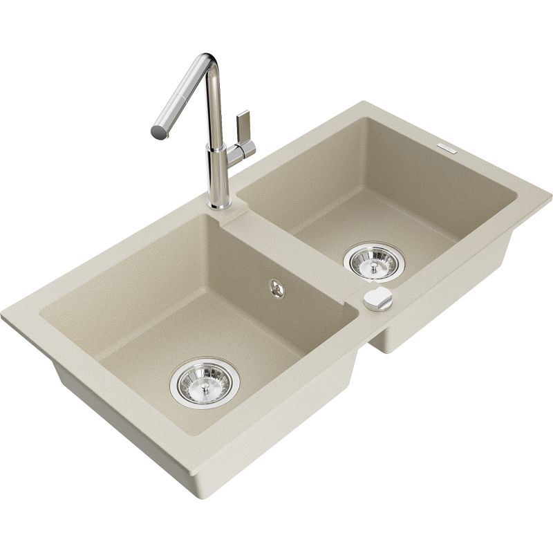 Zlewozmywak granitowy 2-komorowy Mexen Mario z baterią kuchenną Flora beżowy 6504-69-670401-00