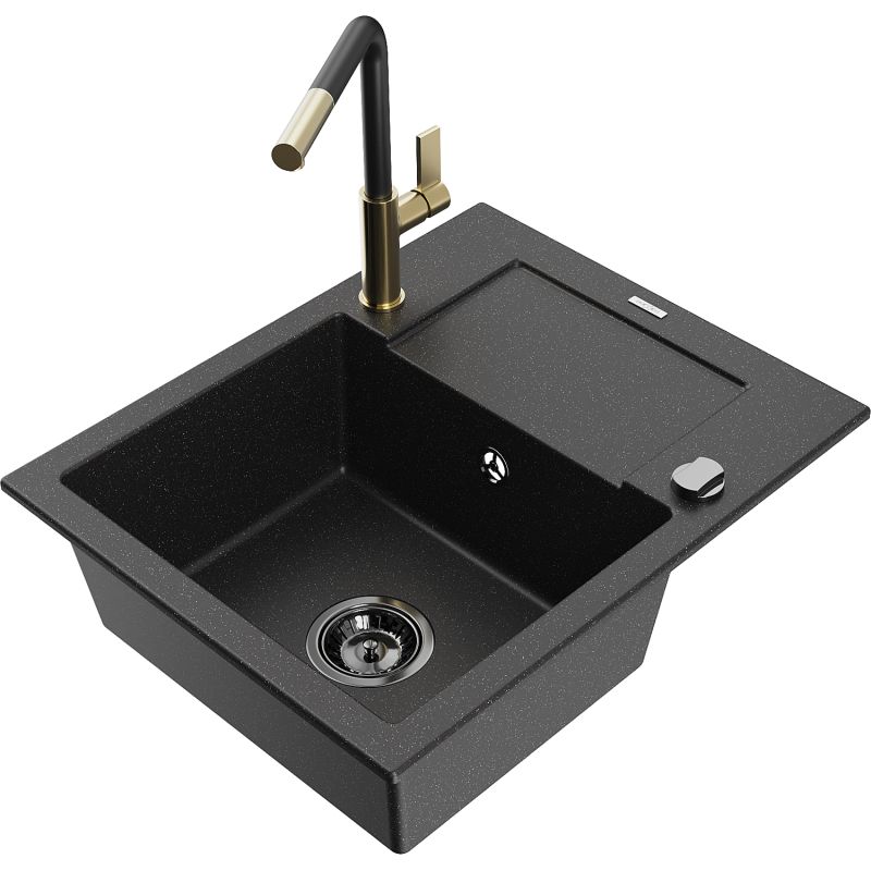 Zlewozmywak granitowy 1-komorowy Mexen Enzo z ociekaczem i baterią kuchenną Flora czarny/srebrny metalik 6506-73-670401-57-B