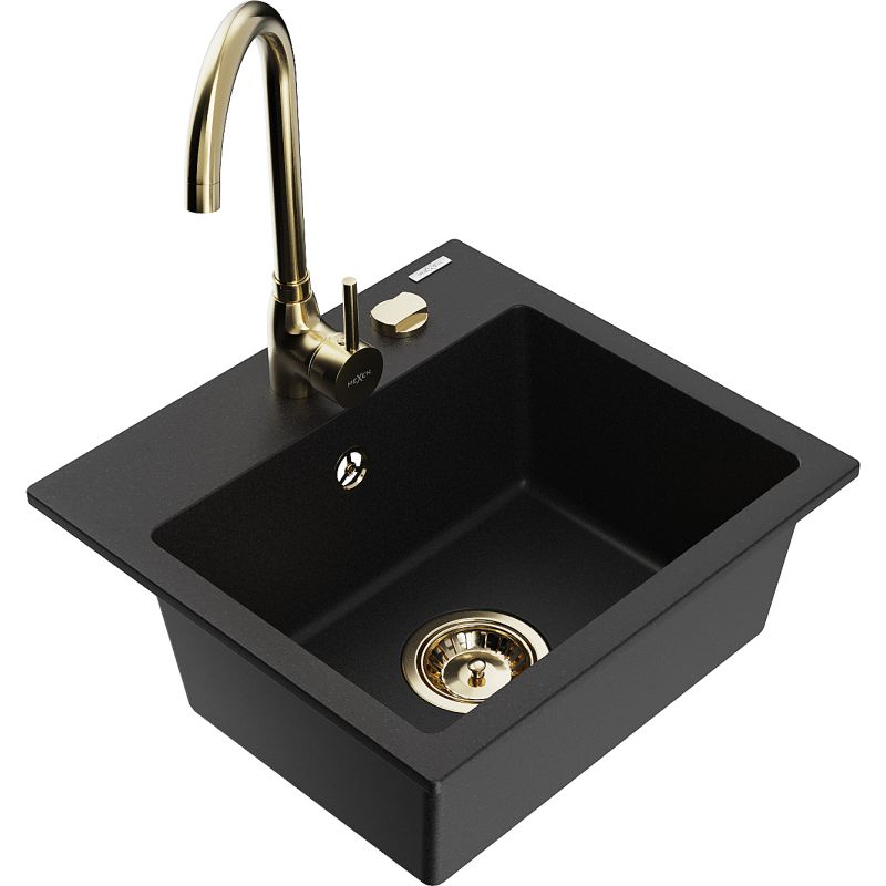 Zlewozmywak granitowy 1-komorowy Mexen Milo z baterią kuchenną Telma czarny - 6505-77-670200-50-B 1 szt.