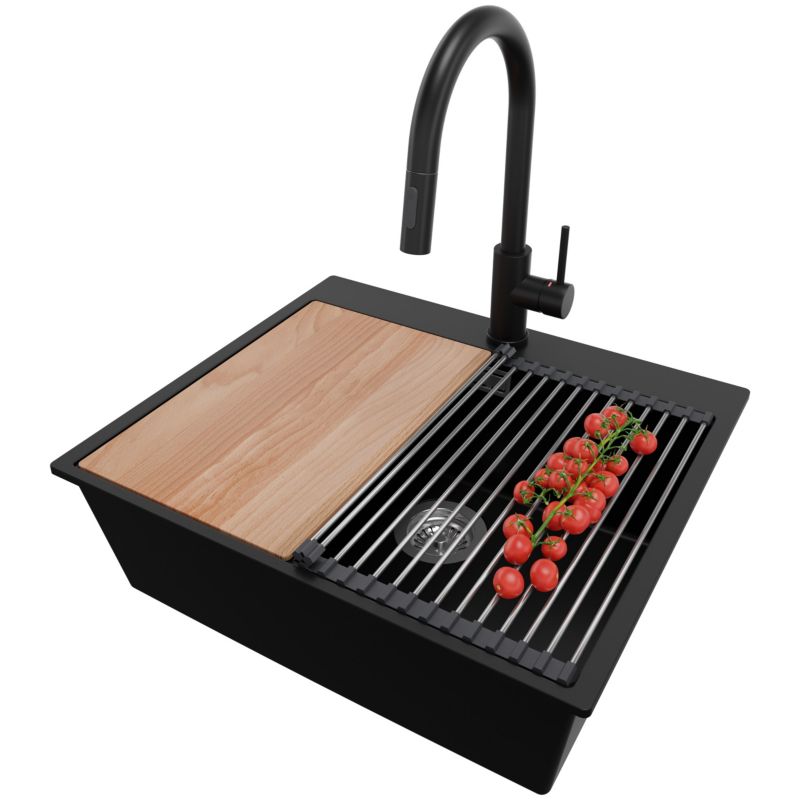 Zlewozmywak Granitowy Oslo PRIMAGRAN Nablatowy 58x50cm do szafki od 60cm z Syfonem i Baterią i Dodatkiem Czarny 1 szt.