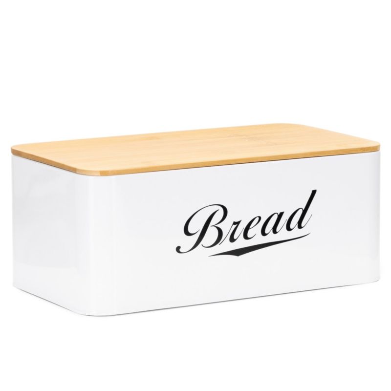 Chlebak metalowy Springos 33x18x14 cm pojemnik zamykany na pieczywo, bambusowa deska, biały 1 szt.