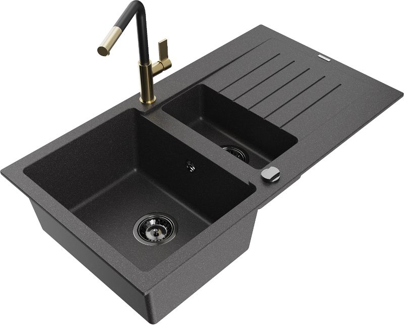 Zlewozmywak granitowy Mexen Matias 1,5-komorowy z ociekaczem i baterią kuchenną Flora czarny 6502-76-670401-57-B