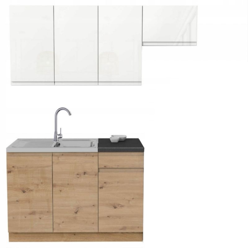 Komplet Mebel Elite Modern Kuchenny Zestaw Mebli Do Kuchni Kuchnia Biały Połysk Dąb 1 szt