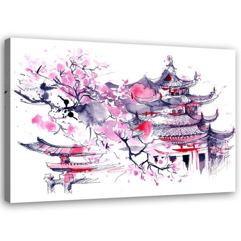 Obraz do sypialni salonu Feeby Japonia Pagoda Akwarela Rózowy 120x80cm 1szt