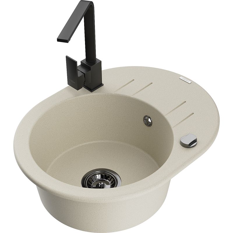 Zlewozmywak granitowy 1-komorowy Mexen Kevin z ociekaczem i baterią kuchenną Rita beżowy - 6517-69-670300-50 1 szt.