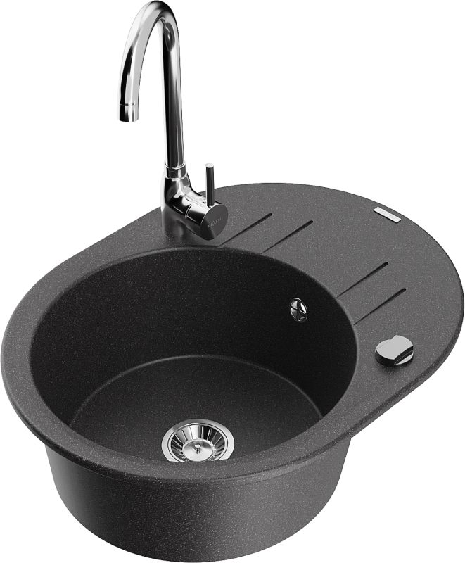 Zlewozmywak granitowy Mexen Kevin 1-komorowy z ociekaczem i baterią kuchenną Telma czarny 6517-76-670200-00