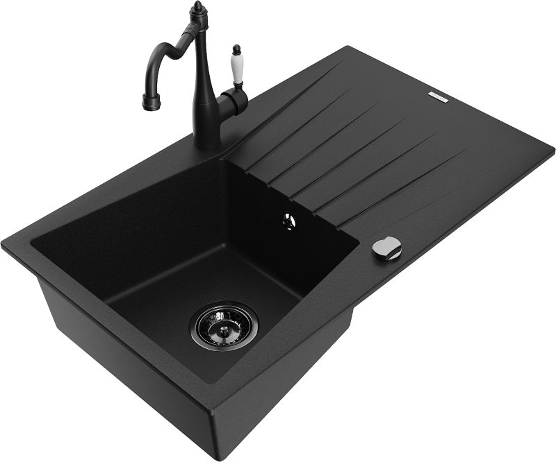 Zlewozmywak granitowy Mexen Cesar 1-komorowy z ociekaczem i baterią kuchenną Carla czarny - 6514-77-670700-50 1 szt.
