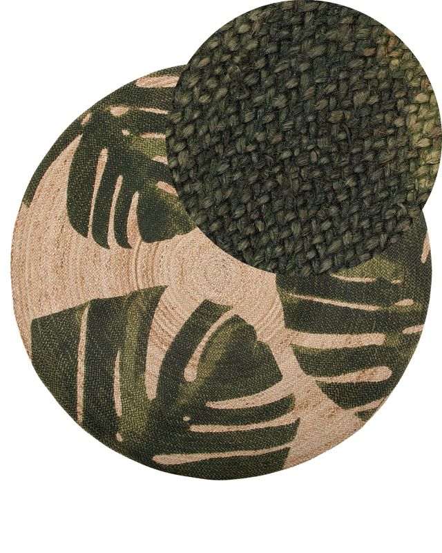 Dywan okrągły z juty w liście monstery 140 cm beżowo-zielony Incik 1 szt.