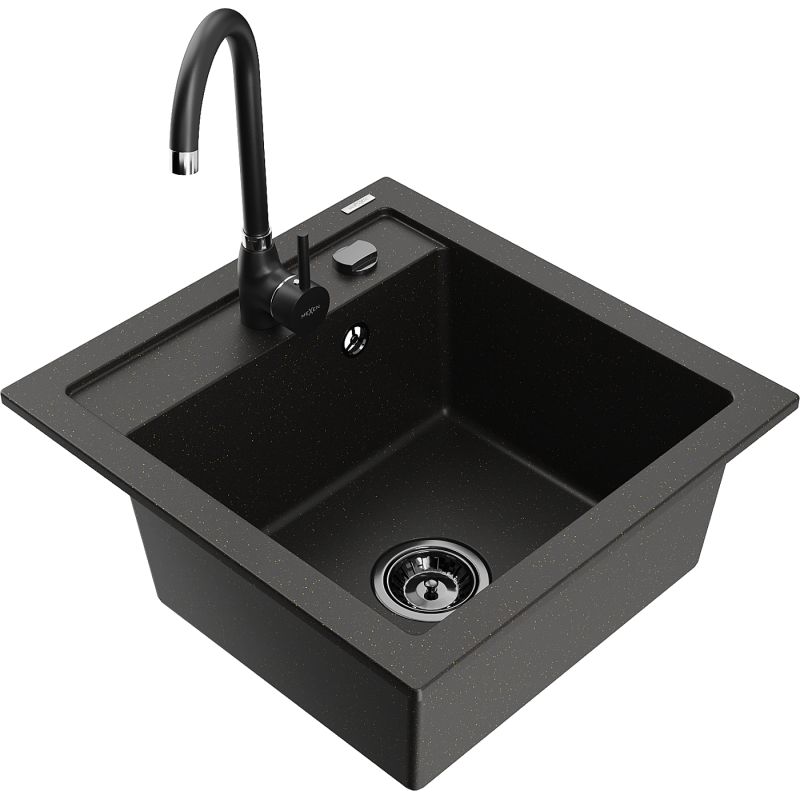 Zlewozmywak granitowy 1-komorowy Mexen Vito z baterią kuchenną Telma czarny/złoty metalik 6503-75-670200-70-B