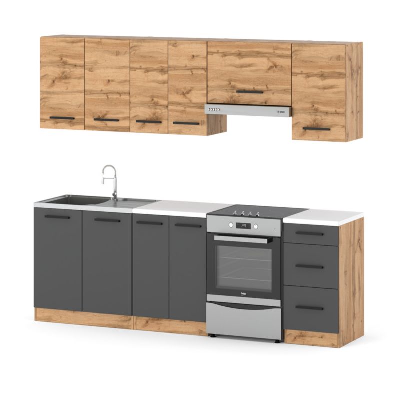 Zestaw Kuchenny Hurtownia-Mebli Z Blatem Kuchnia Mokka 240cm Dąb Wotan Dąb Wotan/Szary Mat 240x47x145 cm 1szt.