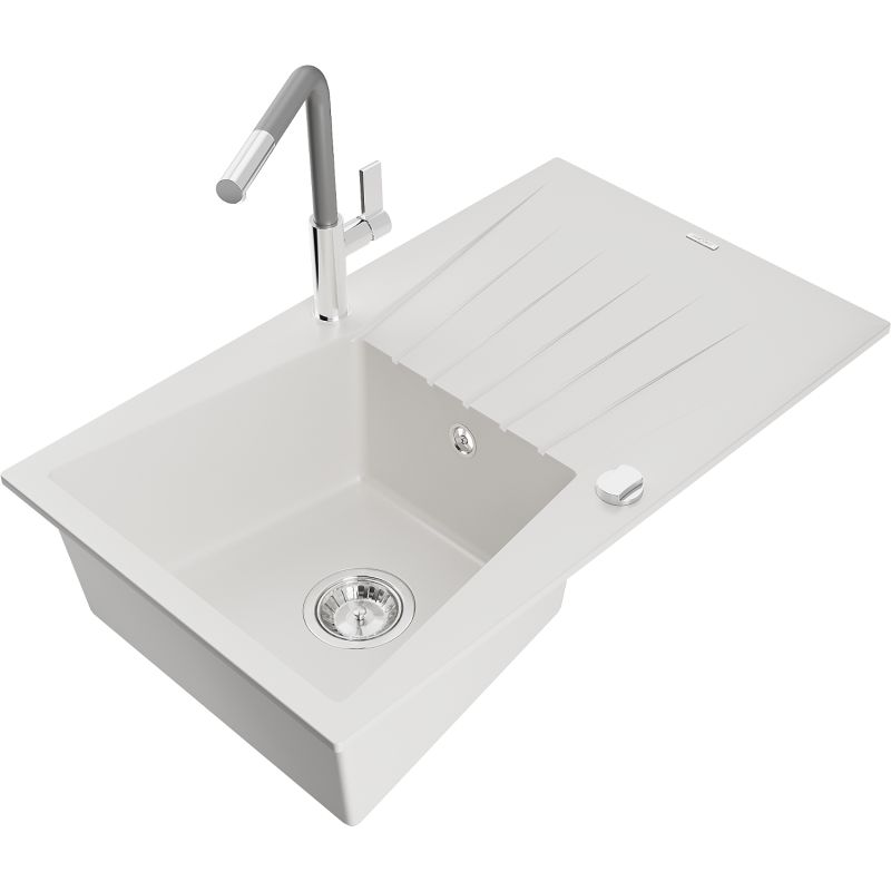 Zlewozmywak granitowy 1-komorowy Mexen Cesar z ociekaczem i baterią kuchenną Flora biały 6514-20-670401-06