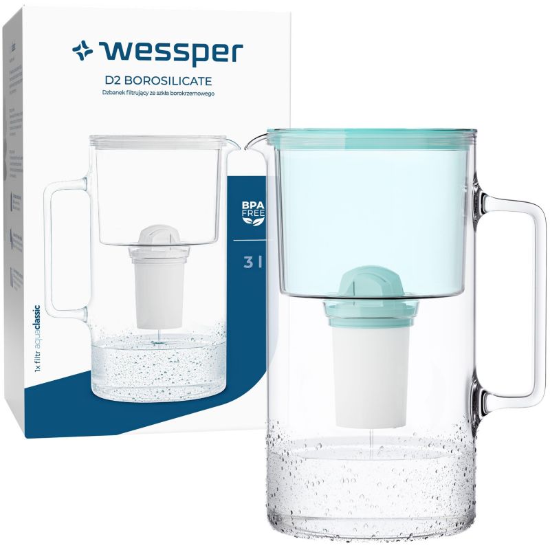 Dzbanek filtrujący wodę 3l, Wessper, szklany, miętowy + 1x filtr Wessper AquaClassic, 2szt