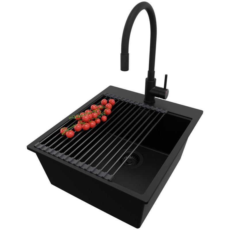 Zlewozmywak Granitowy Oslo PRIMAGRAN Nablatowy 43x50cm do szafki od 45cm z Syfonem i Baterią i Dodatkiem Cały Czarny 1 szt.