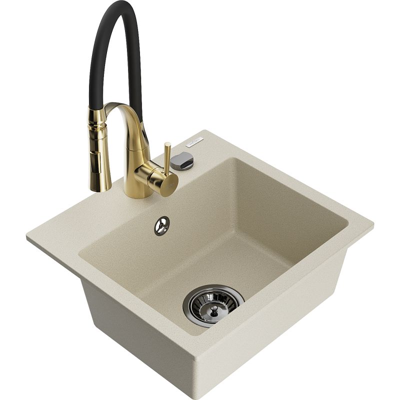Zlewozmywak granitowy 1-komorowy Mexen Milo z baterią kuchenną Aster beżowy 6505-69-73450-57-B