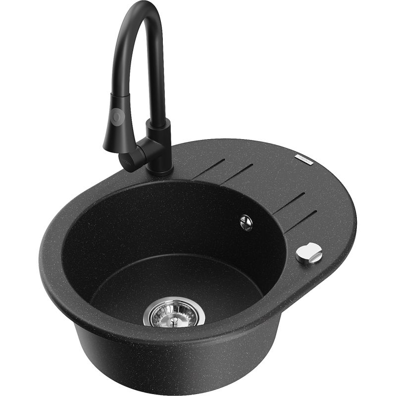 Zlewozmywak granitowy 1-komorowy Mexen Kevin z ociekaczem i baterią Elia czarny/srebrny metalik - 6517-73-670101-70-B 1 szt.