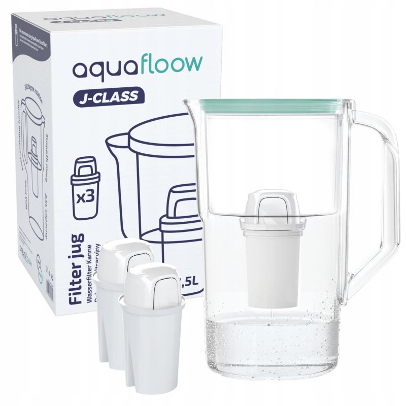 Dzbanek filtrujący wodę, AquaFloow J-CLASS, 2.5l, miętowy + 3x filtr wody, zestaw, 4szt