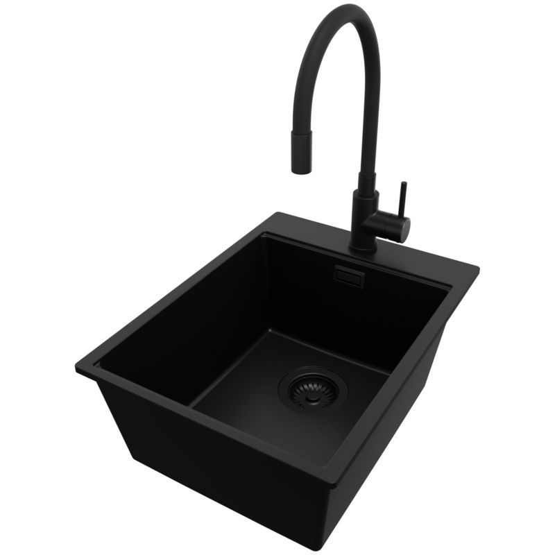 Zlewozmywak Granitowy Oslo PRIMAGRAN Nablatowy 38x50cm do szafki od 40cm z Syfonem i Baterią Cały Czarny 1 szt.