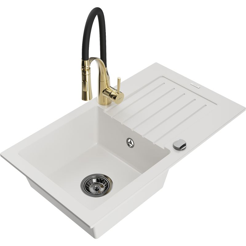 Zlewozmywak granitowy 1-komorowy Mexen Pablo z ociekaczem i baterią kuchenną Aster biały 6510-20-73450-57-B