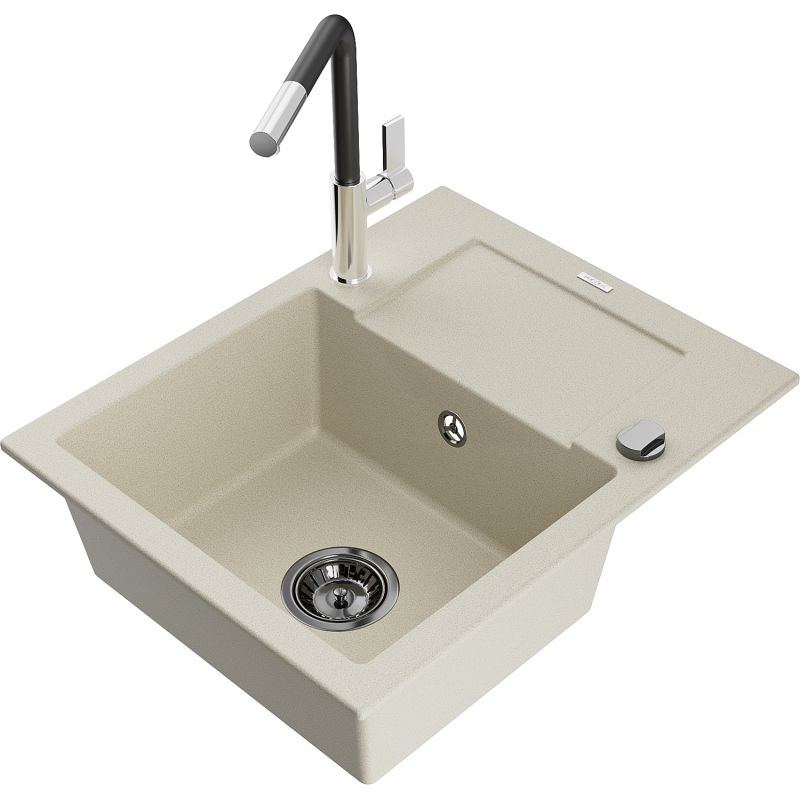 Zlewozmywak granitowy 1-komorowy Mexen Enzo z ociekaczem i baterią kuchenną Flora beżowy - 6506-69-670401-07 1 szt.
