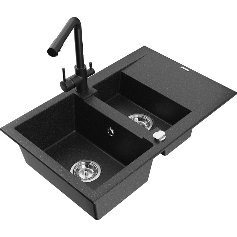 Zlewozmywak granitowy 1.5-komorowy Mexen Gaspar z ociekaczem i baterią kuchenną Duero czarny/srebrny 6507-73-671600-70