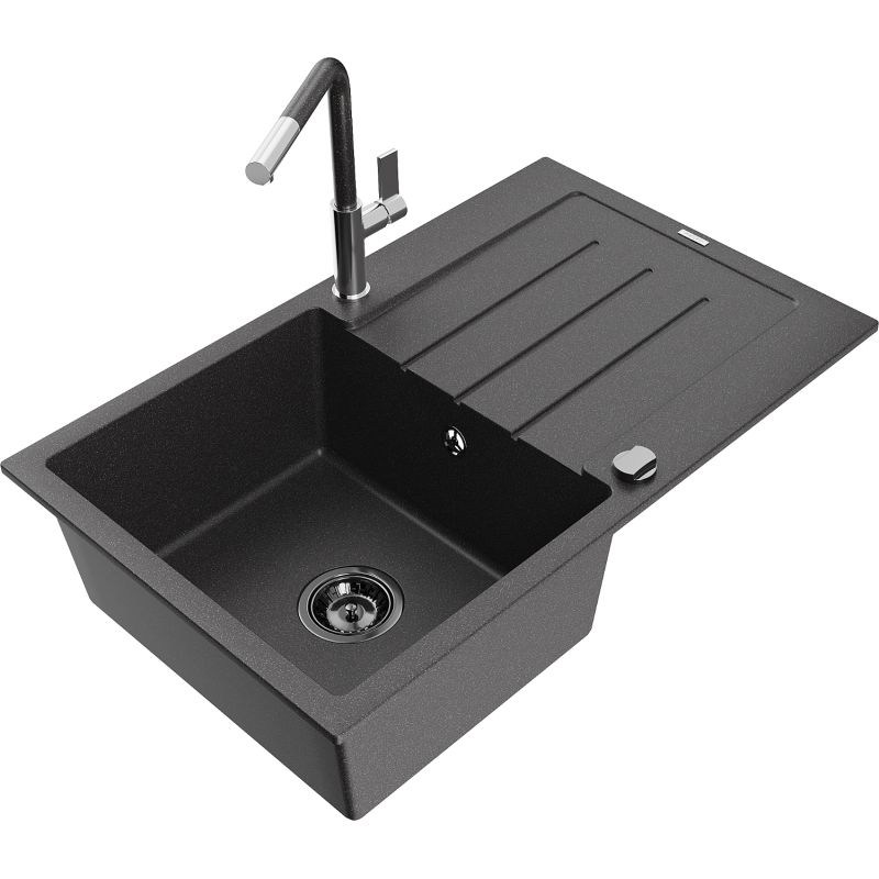 Zlewozmywak granitowy 1-komorowy Mexen Bruno z ociekaczem i baterią kuchenną Flora czarny nakrapiany 6513-76-670401-08-B