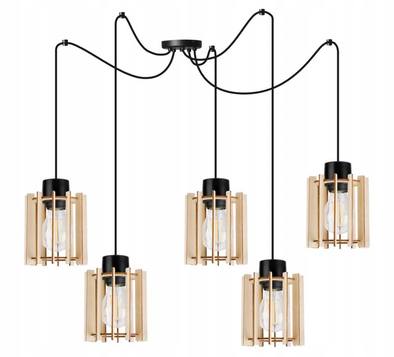 Lampa sufitowe wisząca Light Home LH Timber Spider 5x E27 60W klosz drewno tuba czarny 1szt.