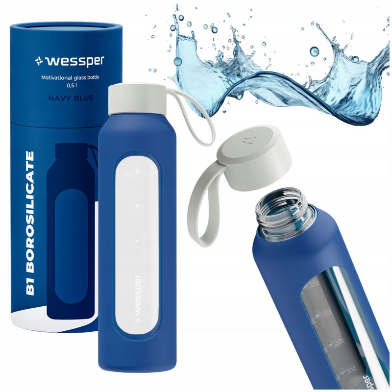 Butelka na wodę, Wessper B1, motywacyjna, z miarką, z etui, szkło borokrzemowe, bidon, 500ml, niebieska, 1szt