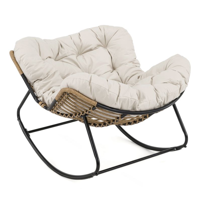 Ogrodowy fotel bujany MebleMWM technorattan boho poduszki beżowe 1 szt.