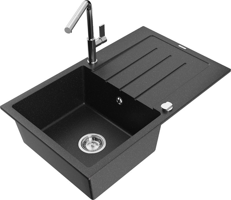 Zlewozmywak granitowy Mexen Bruno 1-komorowy z ociekaczem i baterią kuchenną Flora czarny/srebrny 6513-73-670401-00