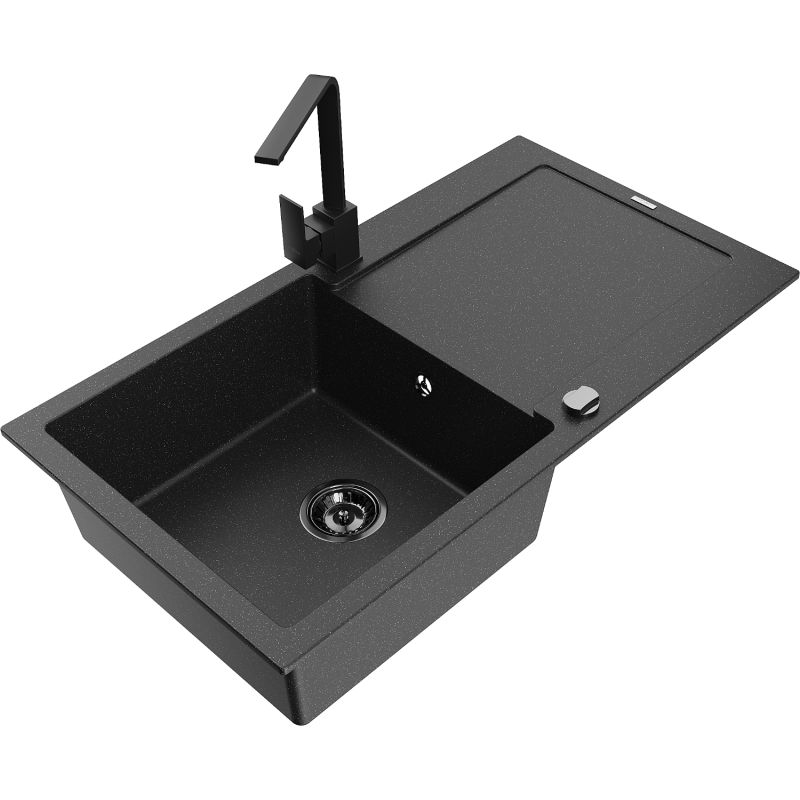 Zlewozmywak granitowy 1-komorowy Mexen Leo z ociekaczem i baterią kuchenną Rita czarny/srebrny metalik - 6501-73-670300-70 1 szt.