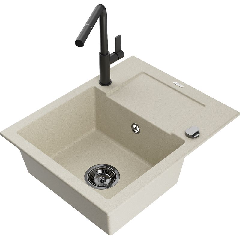 Zlewozmywak granitowy 1-komorowy Mexen Enzo z ociekaczem i baterią kuchenną Flora biały - 6506-20-670401-70-B 1 szt.