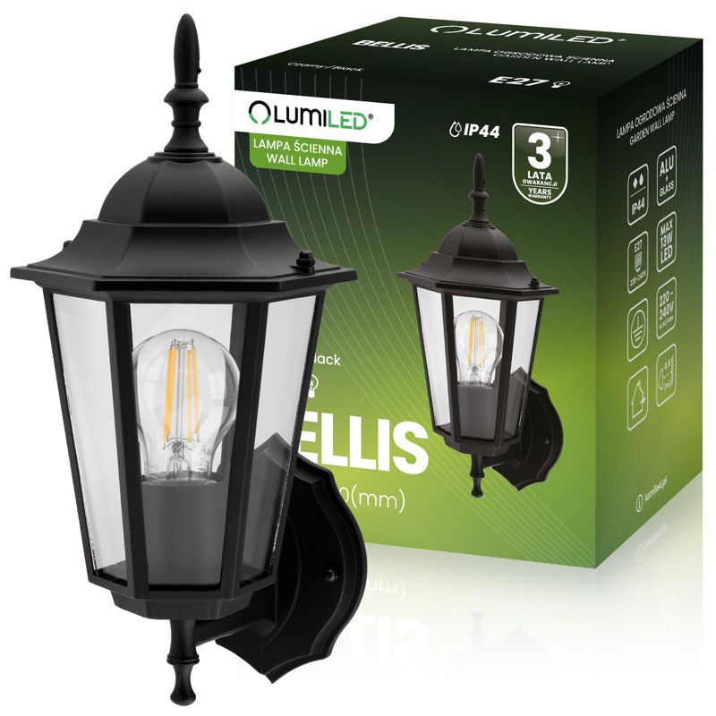 Kinkiet Ogrodowy Lumiled Elewacyjny Zewnętrzny E27 Latarnia do Góry Czarna 1 szt.