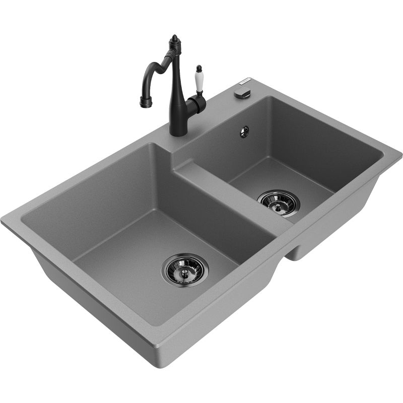 Zlewozmywak granitowy 2-komorowy Mexen Tomas z baterią kuchenną Duero beżowy - 6516-69-671600-70 1 szt.