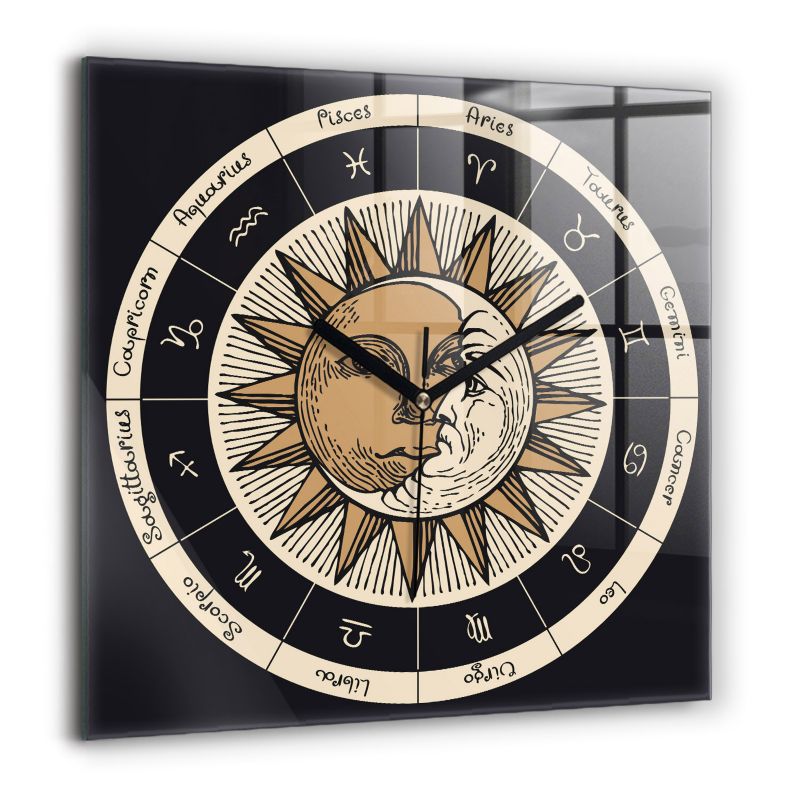 Zegar szklany czarne wskazówki Wallfluent 60x60 cm Słońce i zodiaki 1 szt.