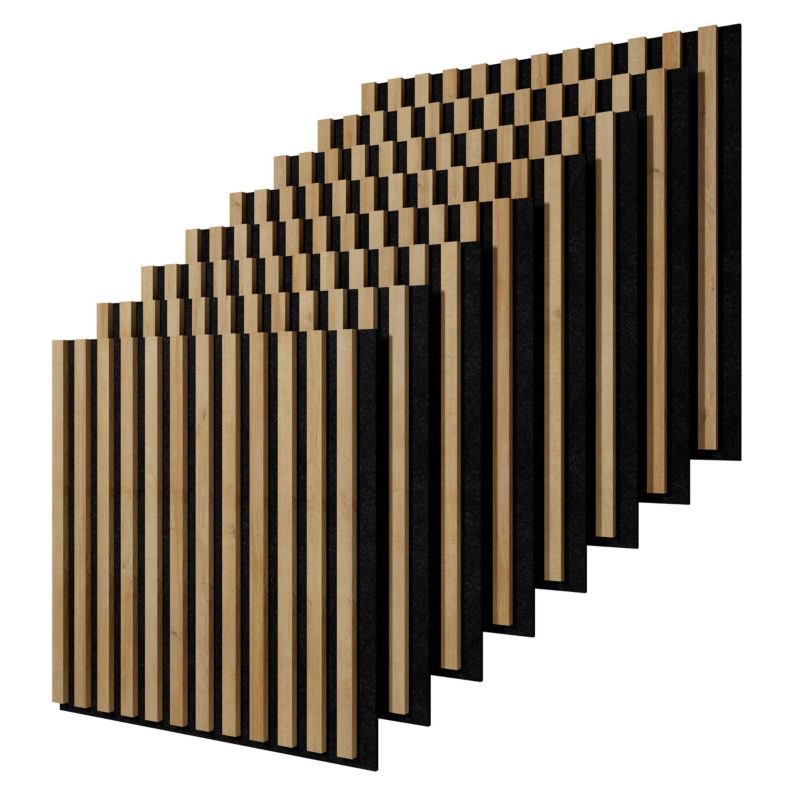 Lamele ścienne na czarnym filcu Stegu, dąb naturalny panele akustyczne 60x60,5cm zestaw 8 szt.