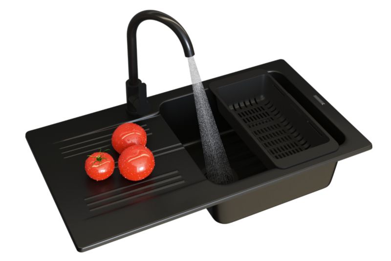 Zlewozmywak Granitowy Jednokomorowy Z Ociekaczem Ada Czarny Granitan Bateria Syfon 1 szt.