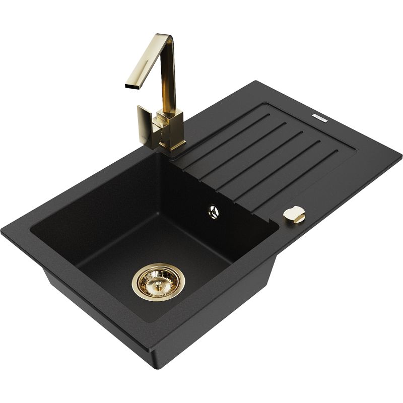 Zlewozmywak granitowy 1-komorowy Mexen Pablo z ociekaczem i baterią kuchenną Rita czarny 6510-77-670300-50