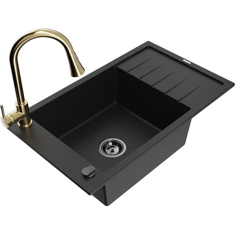 Zlewozmywak granitowy 1-komorowy Mexen Elias z ociekaczem i baterią kuchenną Elia czarny 6511-77-670101-50-B