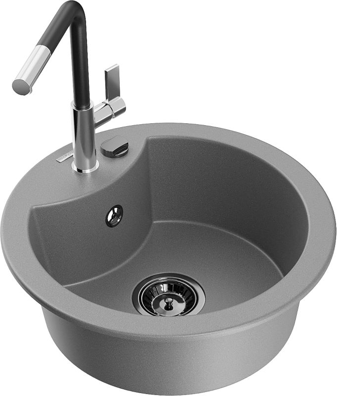 Zlewozmywak granitowy Mexen Diego 1-komorowy z baterią kuchenną Flora szary 6512-71-670401-07-B