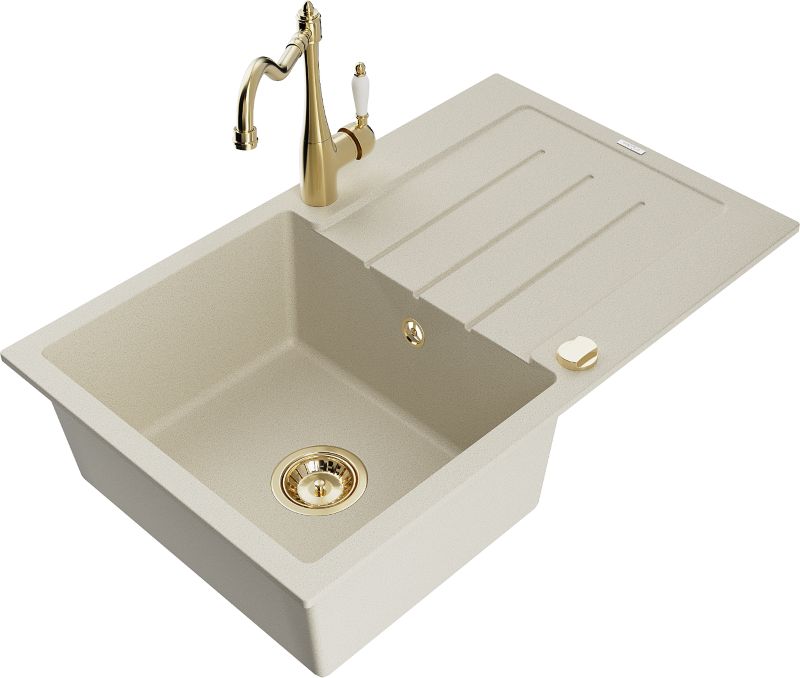 Zlewozmywak granitowy Mexen Bruno 1-komorowy z ociekaczem i baterią kuchenną Carla beżowy - 6513-69-670700-00 1 szt.